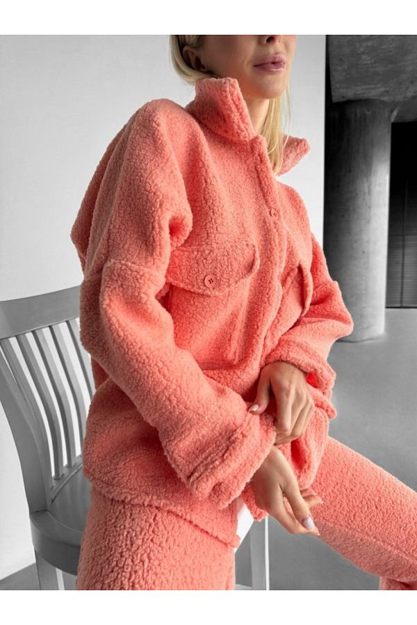 TUKATO Women s Salmon Color Oversize Shirt Collar Fleece Cardigan Bottom Top Set Trendyol