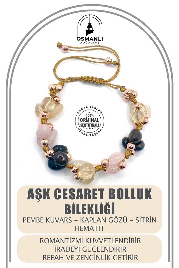 OSMANLI DOĞAL TAŞ-Pink Quartz and Hematite String Bracelet with Ladder Closure - Citrine Eye Abundance Courage 1