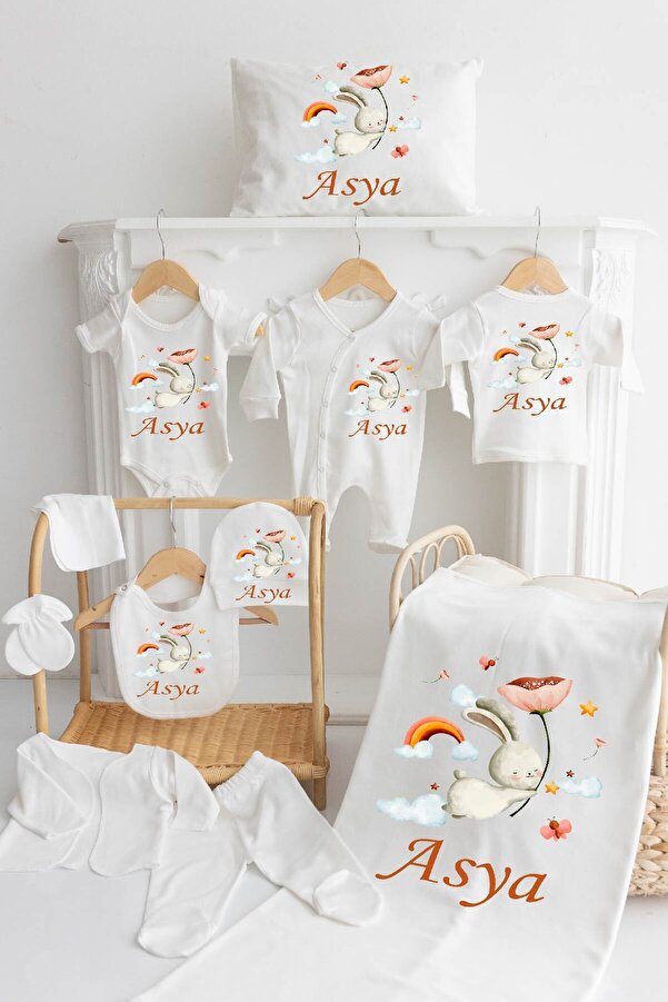 Bebe wini %100 Pamuk Baskılı 11’li İsimli Hastane Çıkışı MN67-TAVŞAN UÇAN ÇİÇEKLİ