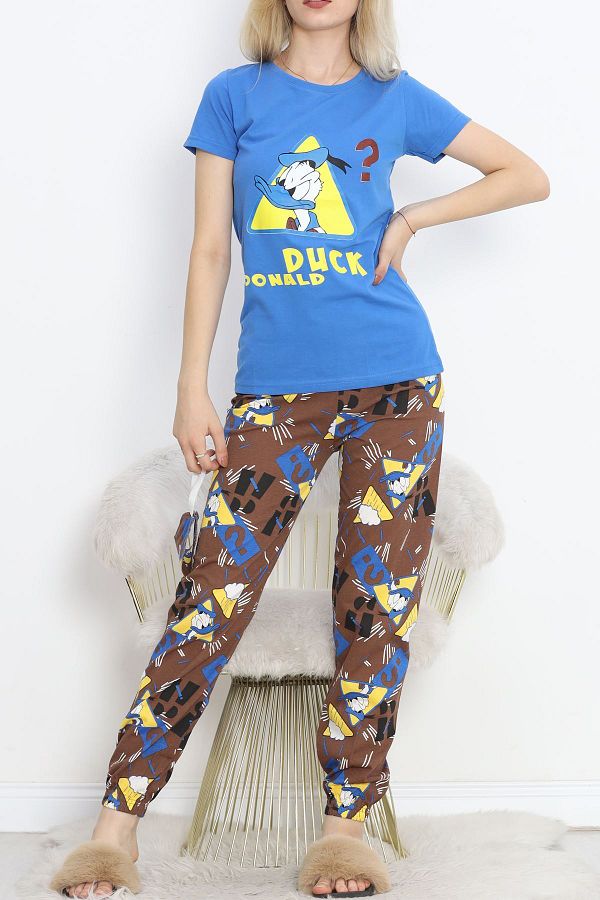 M M Giyim Store Blue Elastic Leg Pajama Set 18736.1567. Trendyol