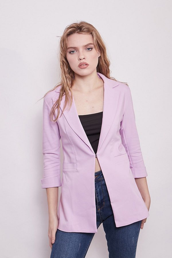 Jument-Capri Manecă trei sferturi Închizătură decorativă pentru buzunar Blazer de birou Jachetă din stofă-liliac 1