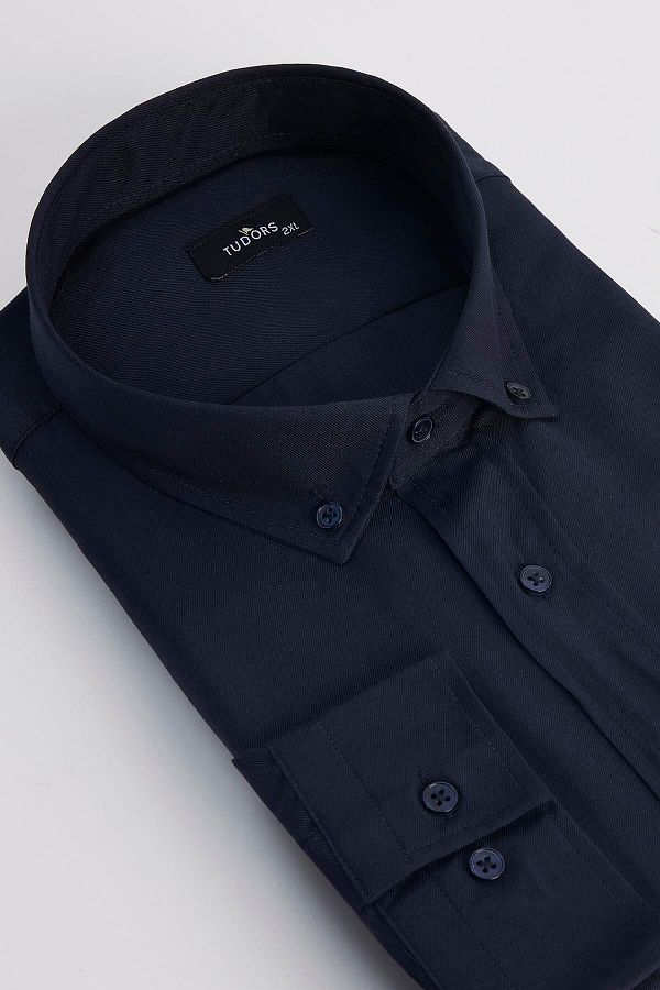 Tudors-Men's Big Size Large Size Cotton Easy Iron Navy Blue Buttoned Collar Shirt 1