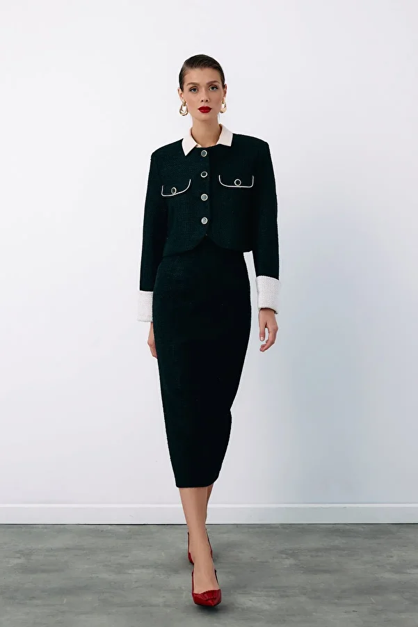 Sateen-Fusta creion din tweed negru - cu nasturi ornamentali 1