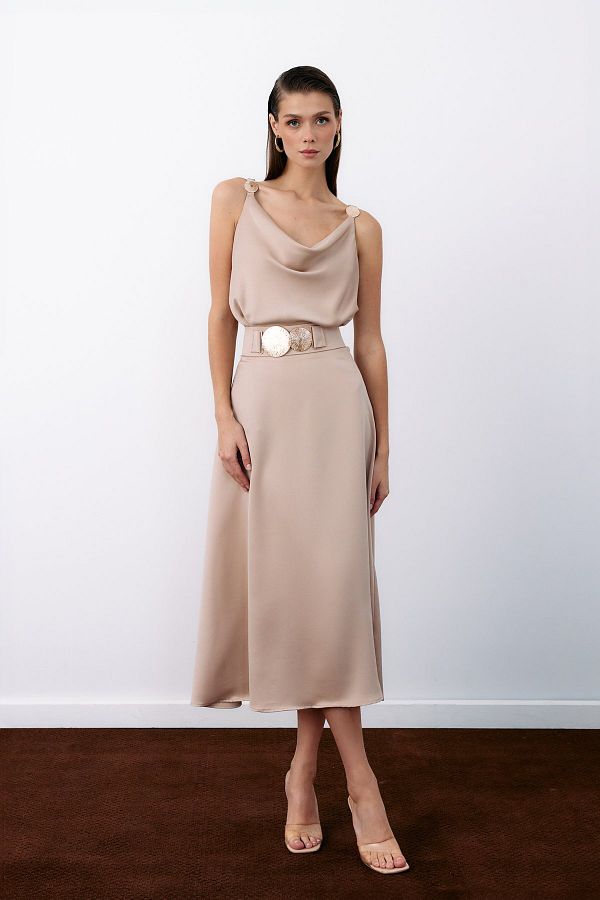 Sateen-Beige Flared Skirt - Belt Accessory 1