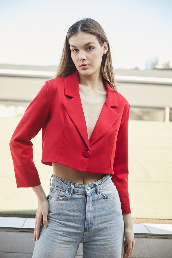 Jument Women s Double Breasted Wrap Lightweight Lycra Fabric Crop Short Blazer Jacket Red Trendyol