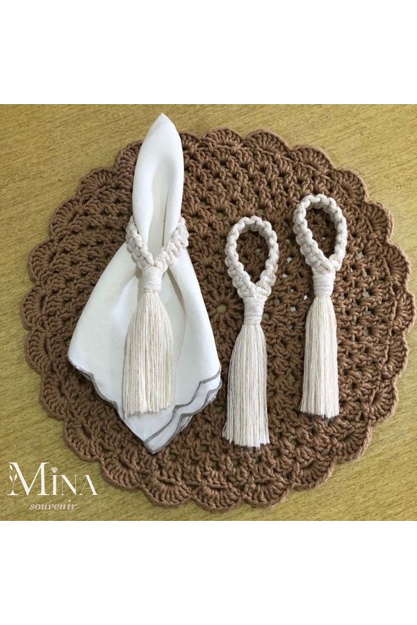 Mina Souvenir-Bohemian Set of 6 Macrame Cream Serving Napkin Holder, Decorative Table Napkin Ring 1