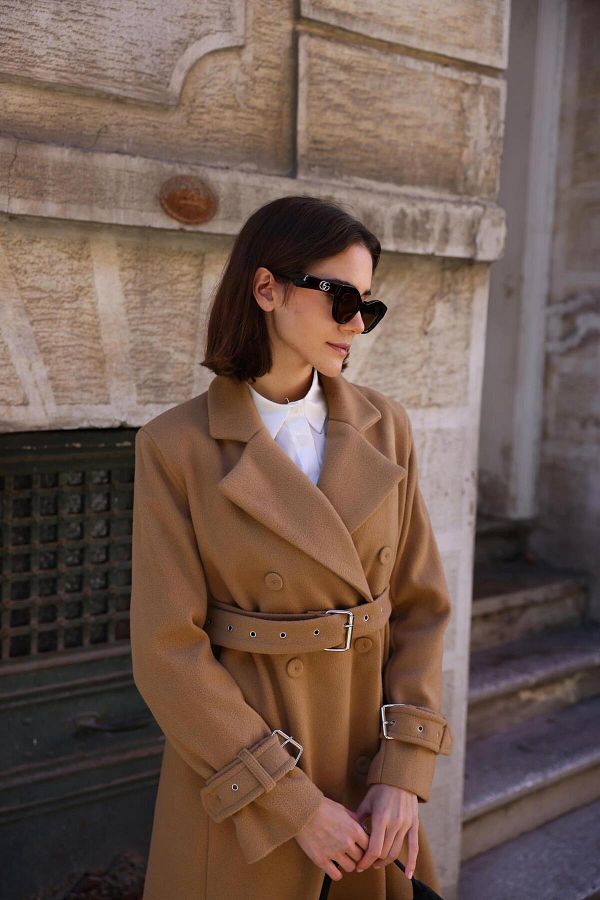 Fahhar Stamped Women s Coat Camel Hair Camel Color Trendyol
