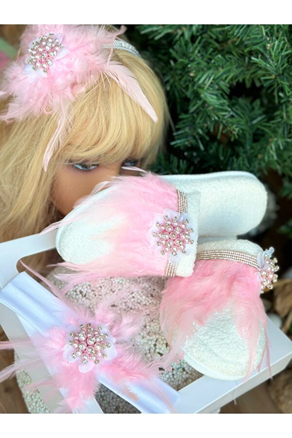 QUEEN AKSESUAR Lüks tasarım kristal inci taşlı broşlu tüylü anne bebek bandana taç terlik  lohusa seti tacı pembe