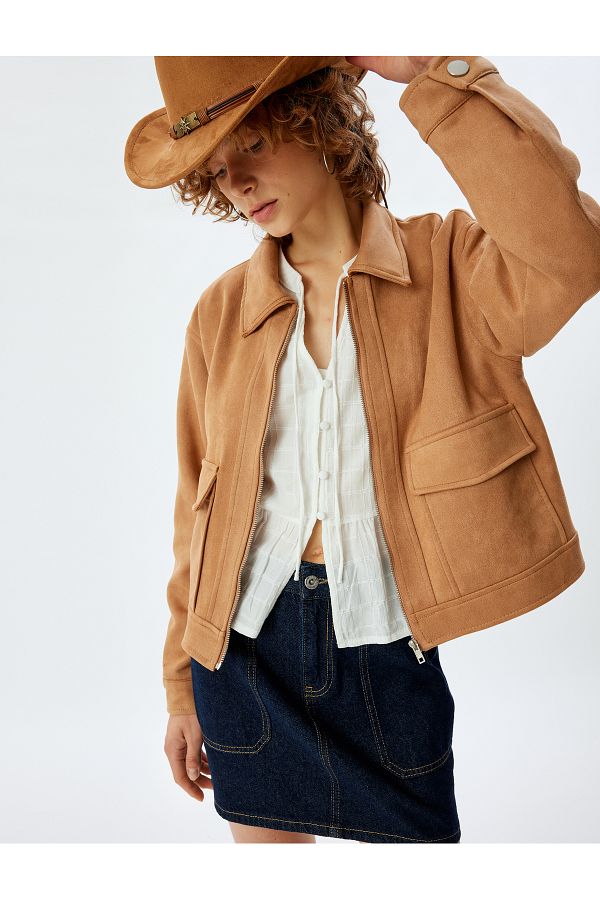 Koton Classic Collar Zippered Suede Look Jacket Pocket Detailed Trendyol