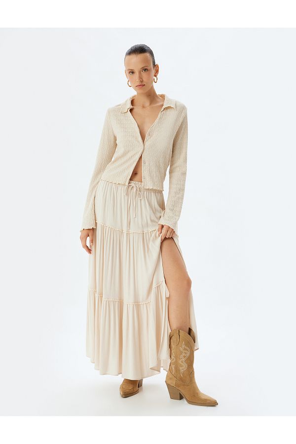 Koton-Ruffled Layered Slit Viscose Long Bell Skirt 1
