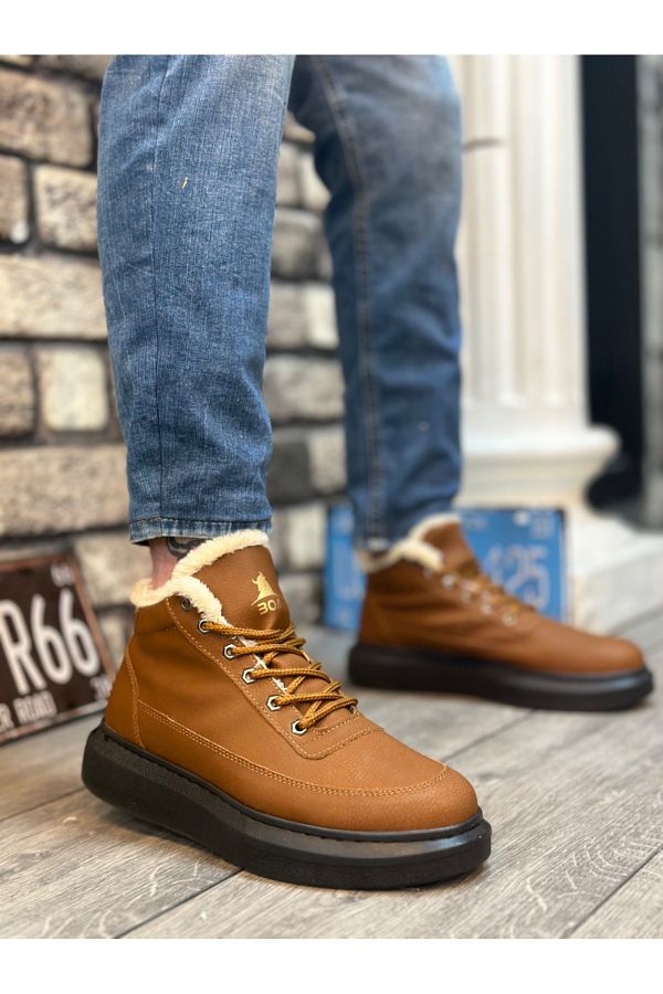 BOA-BA0151 - Men's Style Light Tan Sports Boots with Fur Inside and Laces 1
