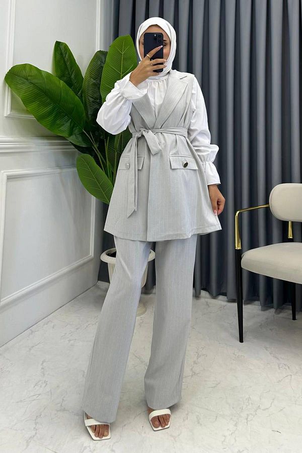 miqa butik-Light Gray Mady Striped Vest Set 1