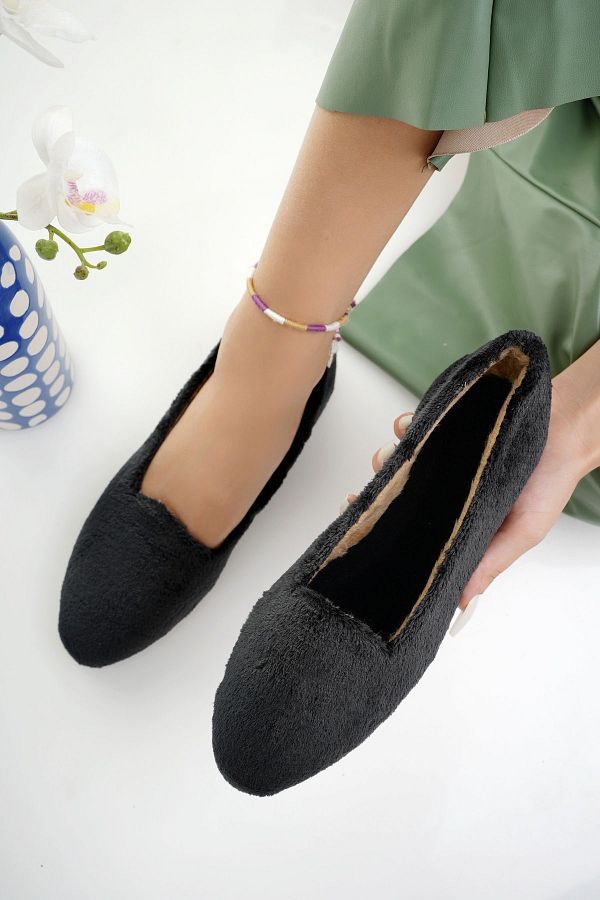 Modaf rsat Women s Black Wool Winter Ballerina Shoes for Home and Outdoor Trendyol