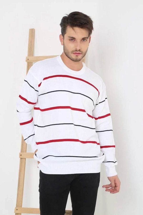 Karacobangym Crew Neck Unisex Thin Striped Knitwear Sweater White Trendyol
