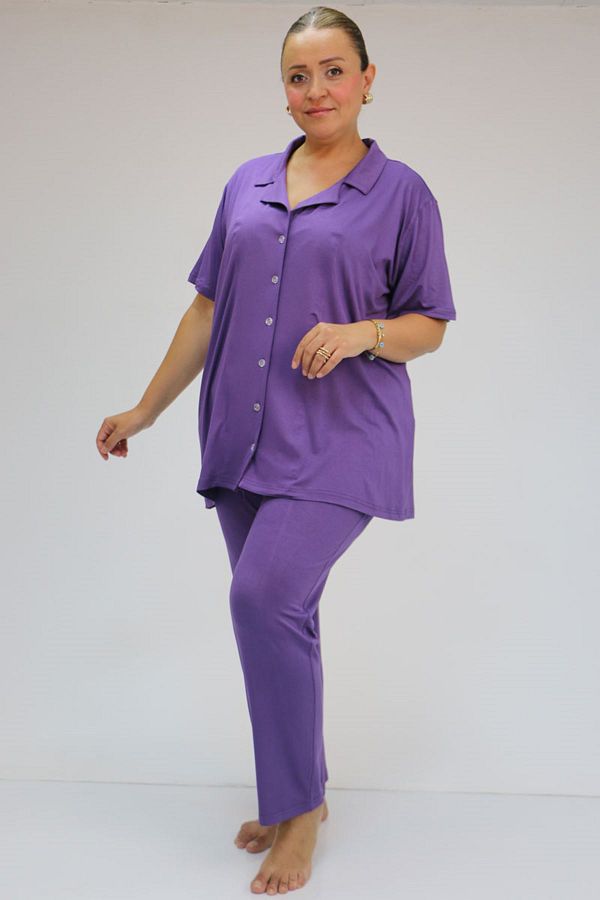 Eslina-37801 Plus Size Viscose Pajama Set - Buttoned and Assorted - Lilac 1