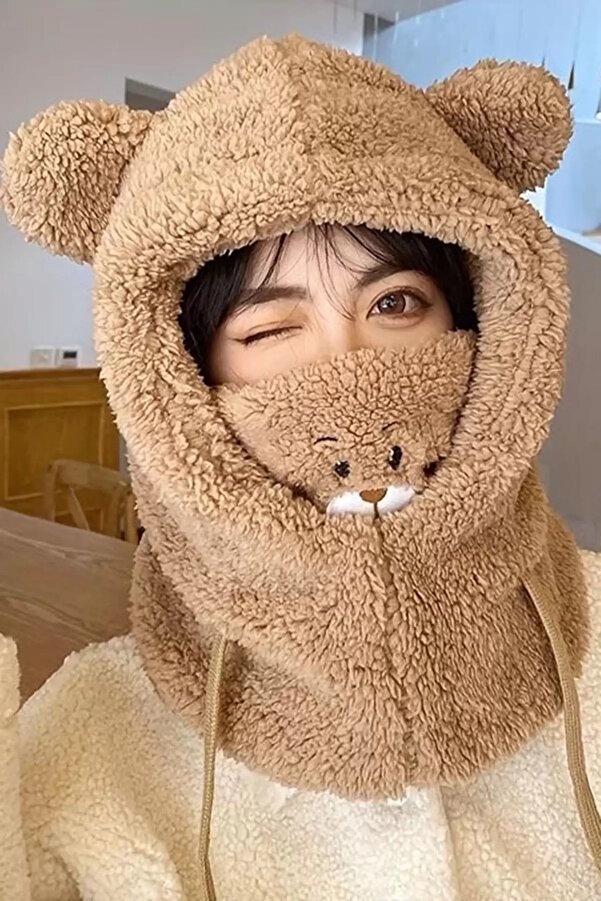 CAŞ DEKORASYON Brown Teddy Bear Detailed Plush Beanie Hat with Teddy Bear-  Trendyol