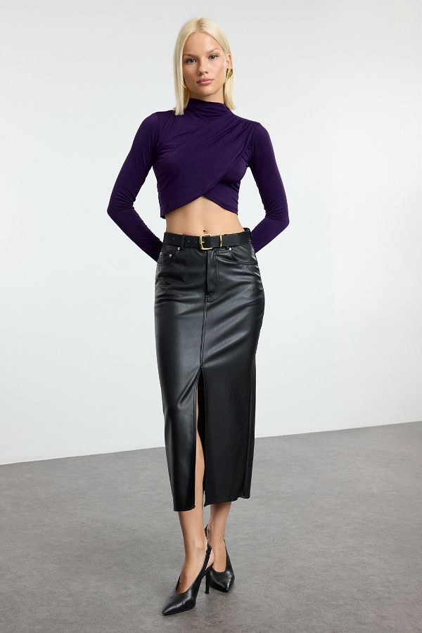 Trendyol Collection-Bluză crop tricotată drapată cu guler în picioare - violet TWOAW24BZ00164 1