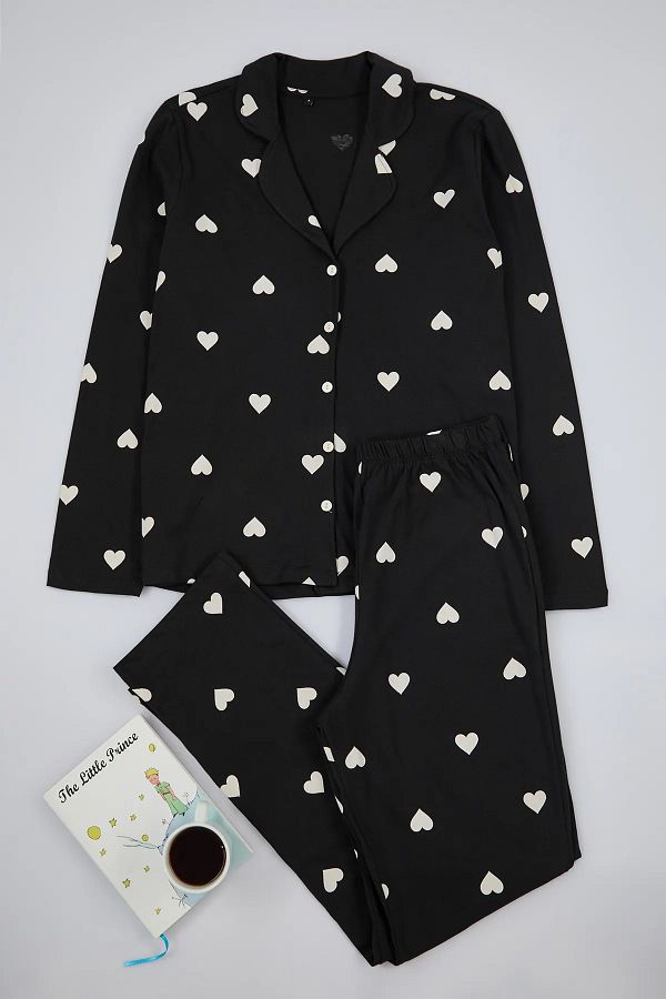 Trendyol Curve-Black Heart Shirt Collar Knitted Pajamas Set Tbbaw23Ai00019 1