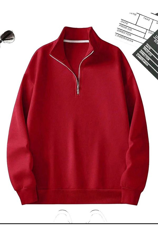 SELENA BUT K Unisex Zippered Collar Red Sweatshirt Trendyol