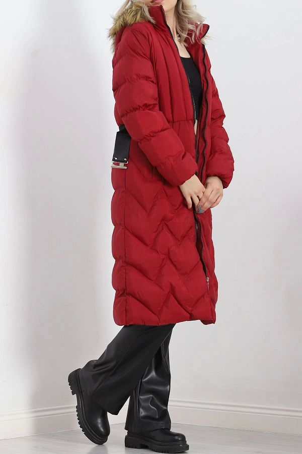 KAZAX Burgundy Puffer Long Jacket Belted 5123.1555 Trendyol