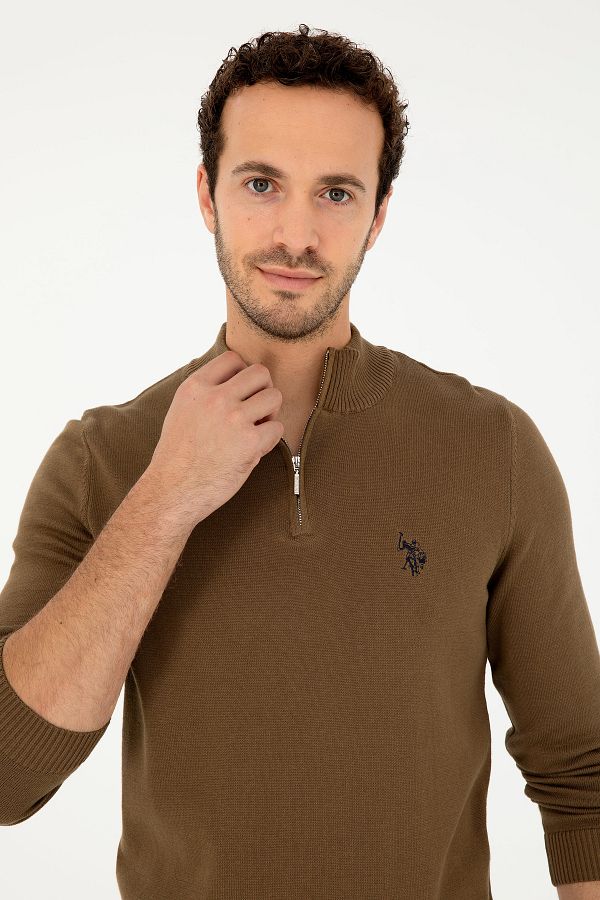 U.S. Polo Assn. Men s Slim Fit Half Zippered Khaki Basic Sweater 50293517 Vr027 Trendyol