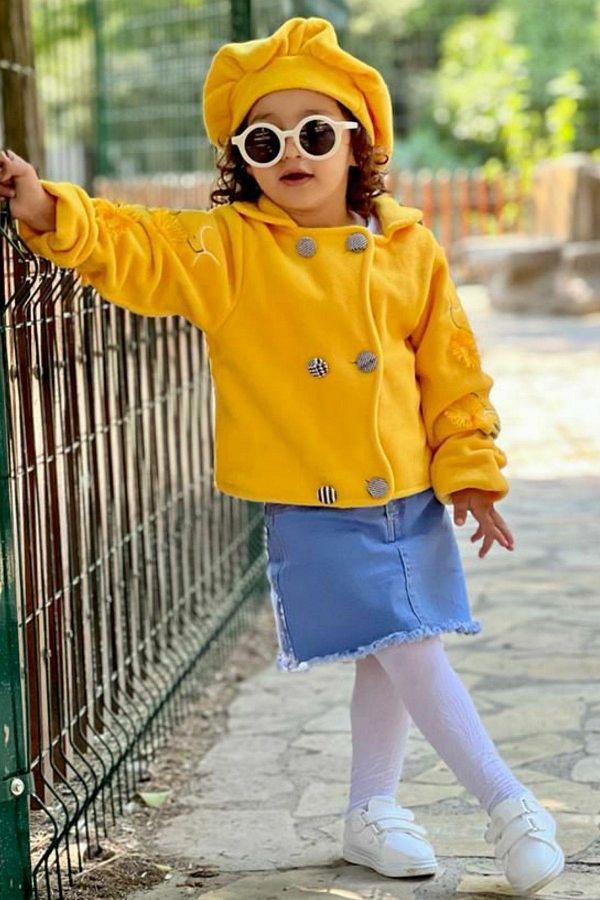 Yellow jean skirt and jacket on sale