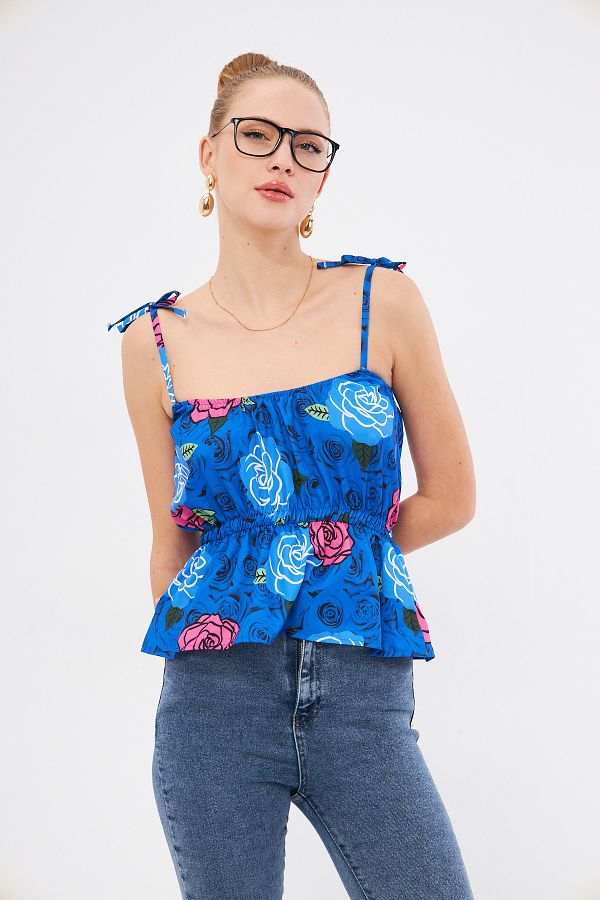 armonika-Saks Patterned Strapless Crop Blouse - with Elastic Waist and Tie Detail Arm-24Y 001116 1