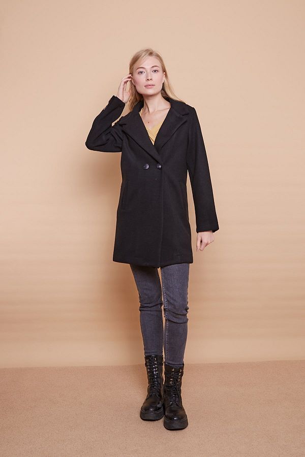 Jument-Stitched Collar, Flat Pocket, Slits on the Back and Sleeves, Buttons Above the Knee Coat - black 1