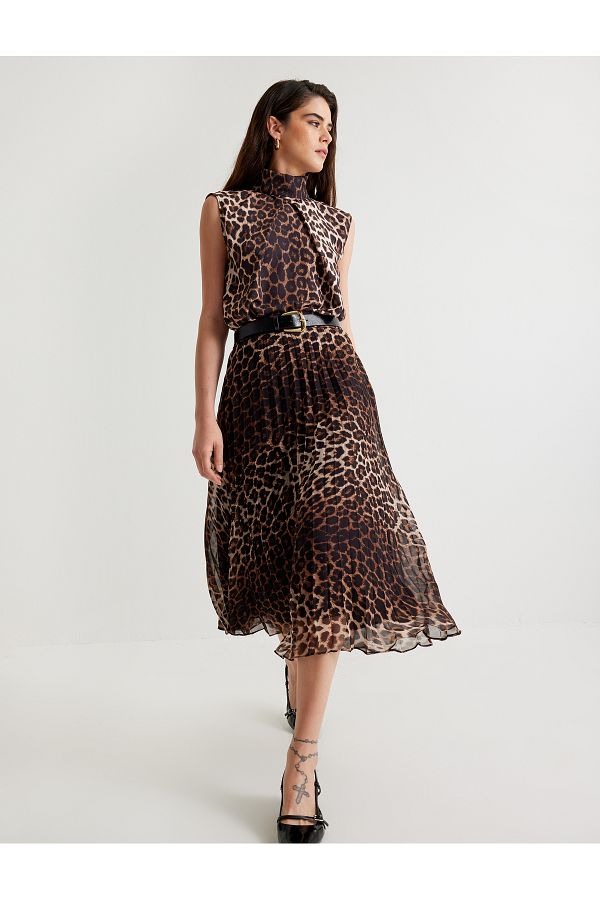 Koton-Leopard Patterned Midi Skirt - Pleated and Flared Design 1
