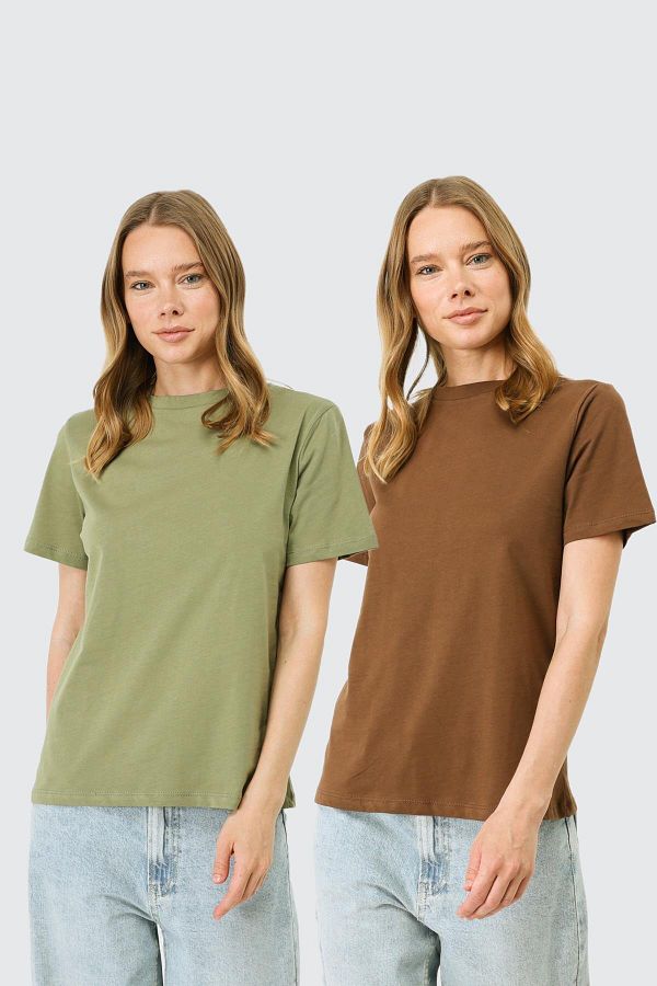 C&City-2-teiliges Basic-T-Shirt mit Rundhalsausschnitt – 960 Braun/Khaki 1