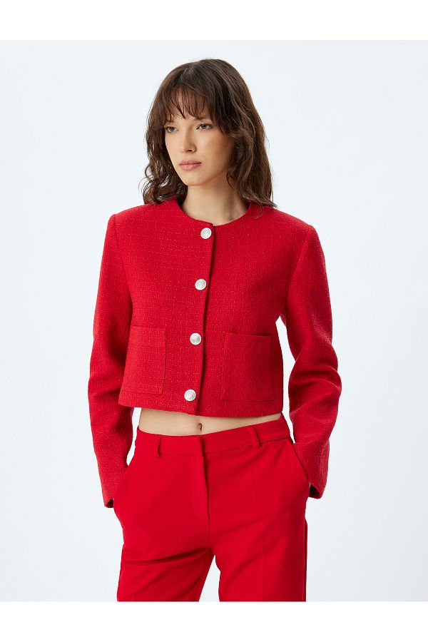Koton TweeD Crop Jacket - RounD Neck, ButtoneD Pocket