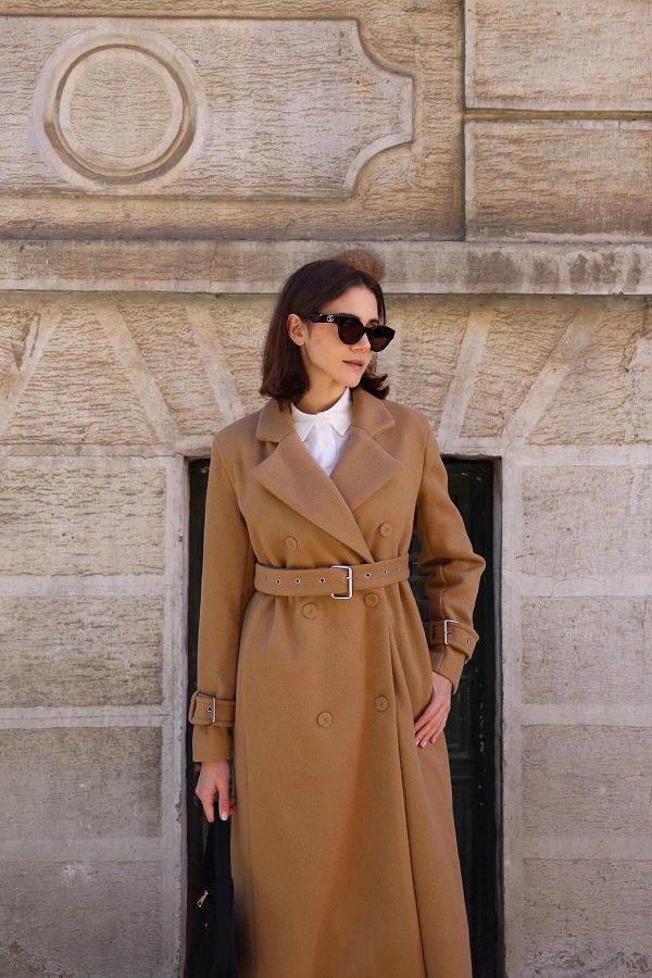 Fahhar Stamped Women s Coat Camel Hair Camel Color Trendyol