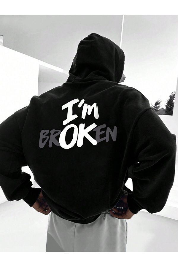 LUNAVISTA-I'M Fine - I'M Broken Black Oversize Hooded Sweatshirt Hoodie 1
