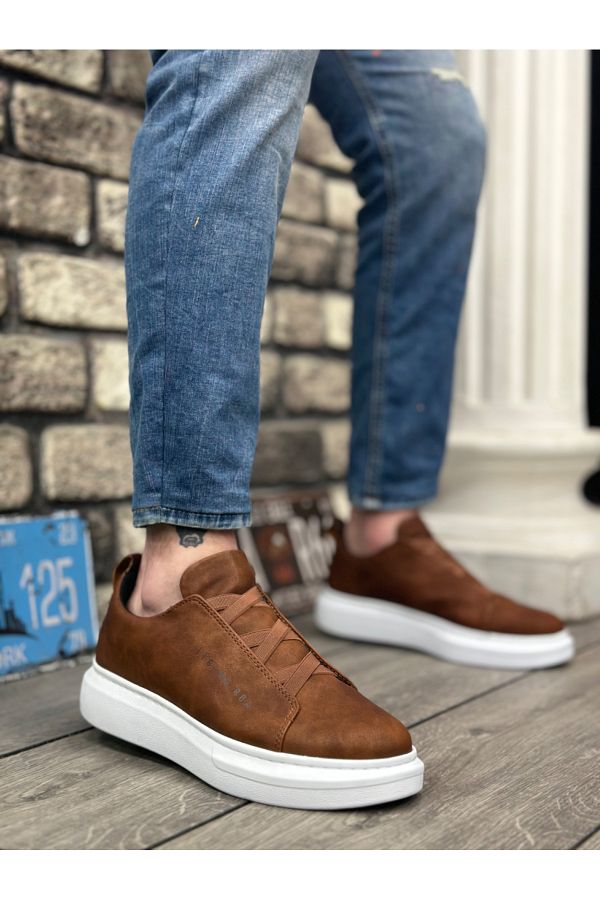 BOA-Ba0134 Herrenschuhe mit dicker, hoher Sohle und Kreuzband in Hellbraun und Weiß 1