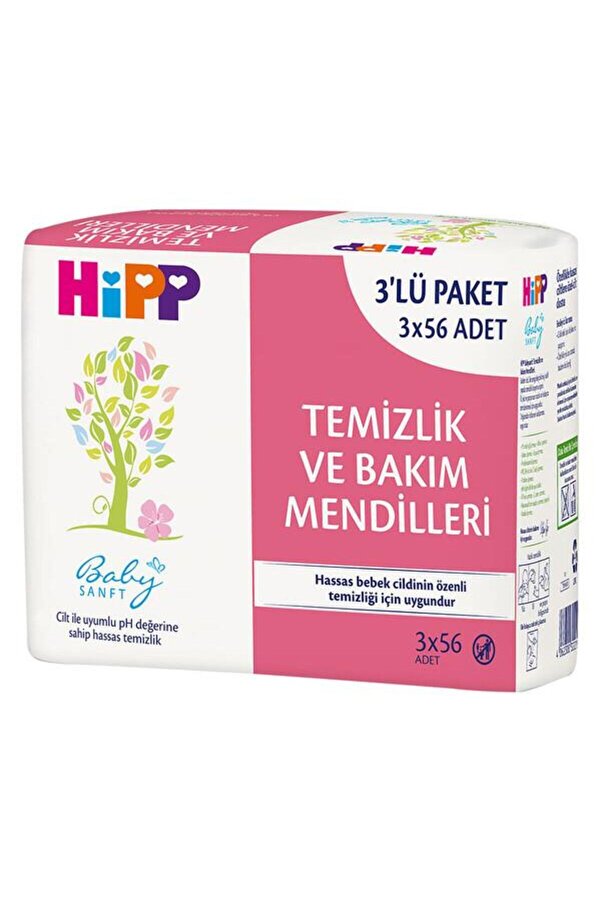 Hipp Babysanft Islak Temizlik ve Bakım Mendili 3 x 56 Adet (168 Yaprak) - Hassas Ciltler İçin Parfümsüz
