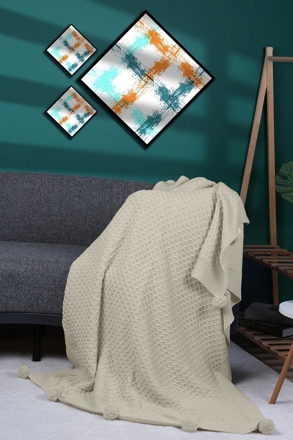 DOUX HOME-Pătură TV împletită Yeliz Knitwear cu 10 pompoane 130 X 170 (OS) 1