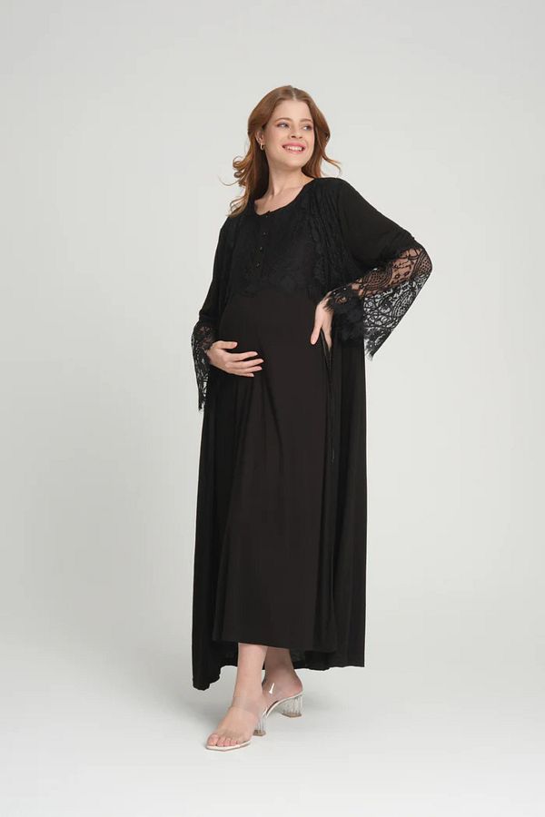 CT MODA-Women's Black Lace Design Full Length 100% Cotton Maternity Maternity Dressing Gown Nightgown Set 1