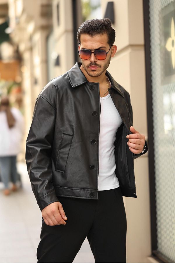 MEECY Men s Oversized Waterproof Comfortable Fit Leather Jacket Trendyol