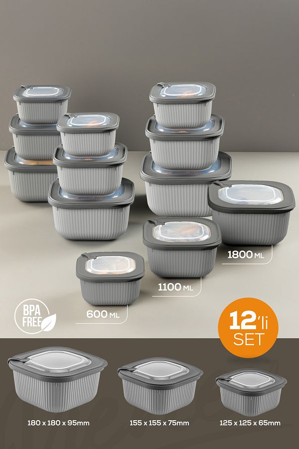 Vienev-Set of 12 Anthracite Vip Special Storage Containers with Lids - 600-1100-1800 ml Suitable for Microwave and Freeze 1