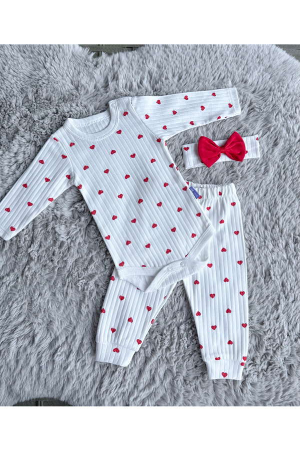 Zuff Baby KIZ BEBEK KALP BASKILI BANDANALI 3'LÜ BODY TAKIM