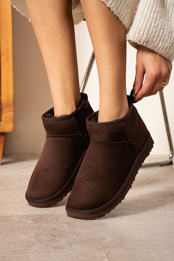 Wenti Shoes Leva Women s Short Mini Thin Sole Brown Boots with Feather Inside Trendyol