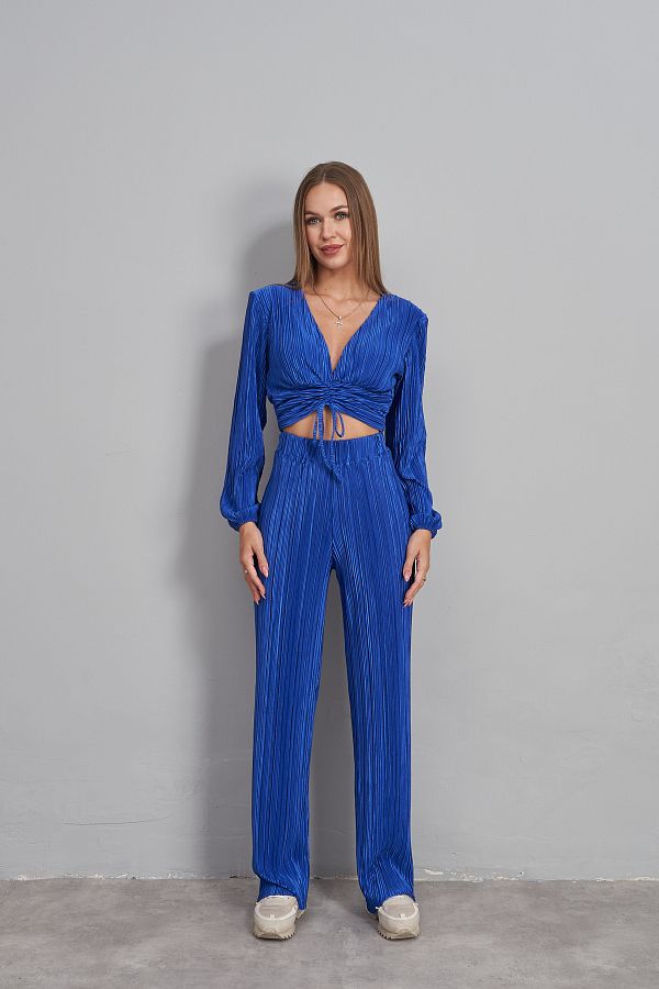 Rabia Çelik-Women's Navy Blue Pleated Blouse Trousers Bottom Top Set 1