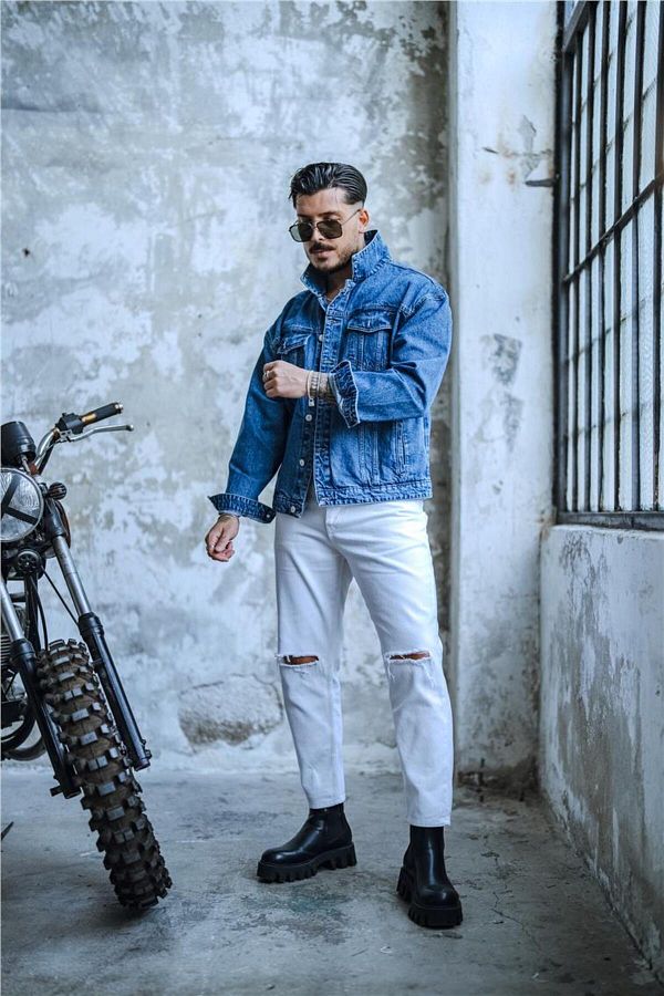 Ripped jeans with denim jacket shop