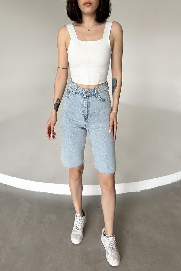 XRAY JEANS Women s Cotton Short Midi Length High Waist Pocket Ice Blue Denim Shorts Trendyol