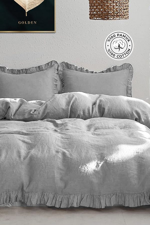 Evlen Home Collection-طقم غطاء لحاف ناعم مكشكش من القطن باللون الرمادي المزدوج - 4 قطع باريلا 1