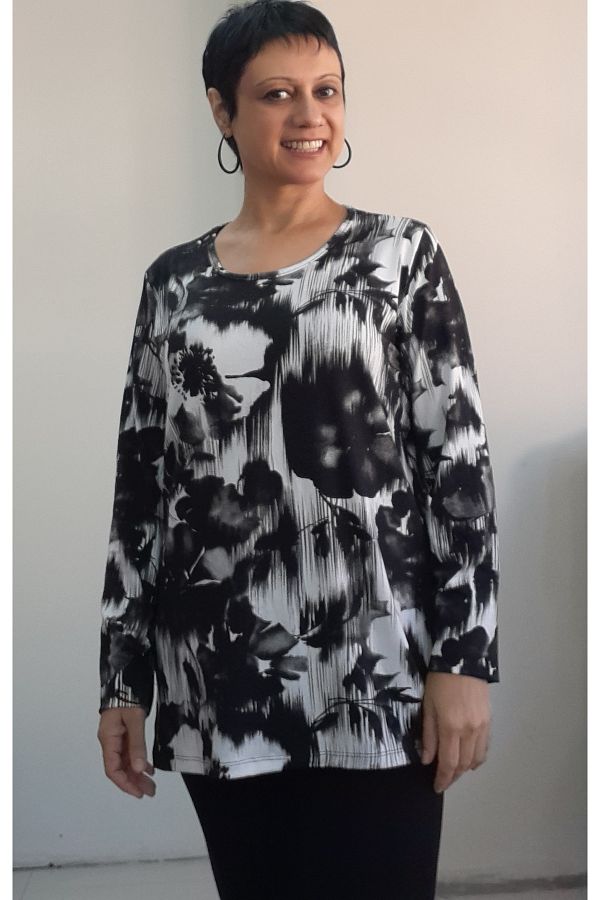 Mertcan Butik-Black and White Rose Print Long-Sleeved Combed Cotton Viscose T-Shirt 1