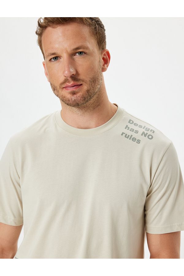 Koton-Crew Neck Slogan Printed Cotton T-Shirt 1