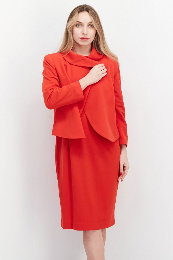 Nipon Boutique-Women 2 Pcs Solid Button Front Sheath Jacket Dress Set, Red 1