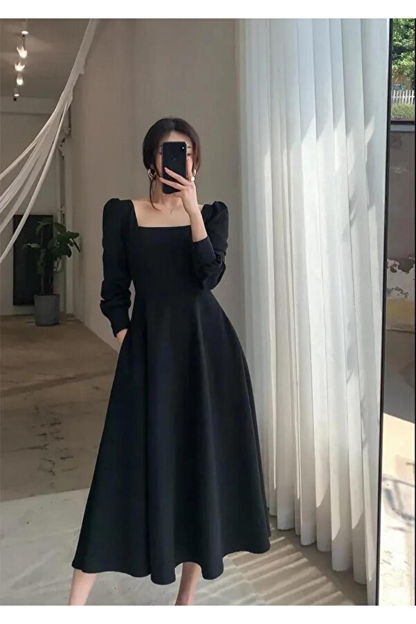 Styling Park Square Neck Long Sleeve Midi Flared Dress- Trendyol 