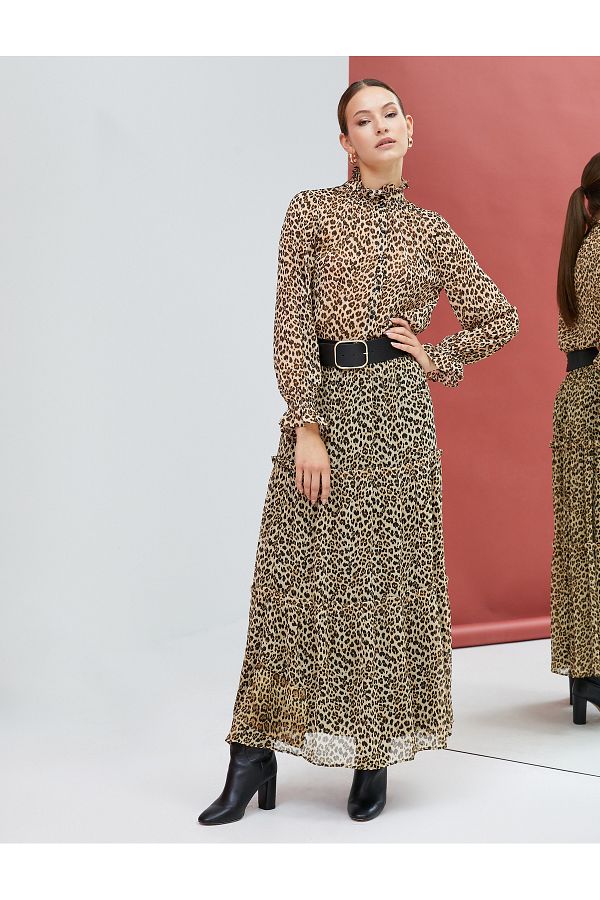 Koton-Leopard Patterned Long Chiffon Skirt - Flounce and Lined 1